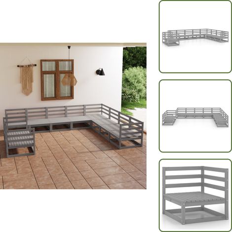 The Living Store 10-tlg. Garten-Lounge-Set Grau Kiefer Massivholz - Garten Lounge Set - Kiefernholzmöbel - Outdoor Furniture - Gartenmöbel - Rattan Gartenmöbel (1/5)