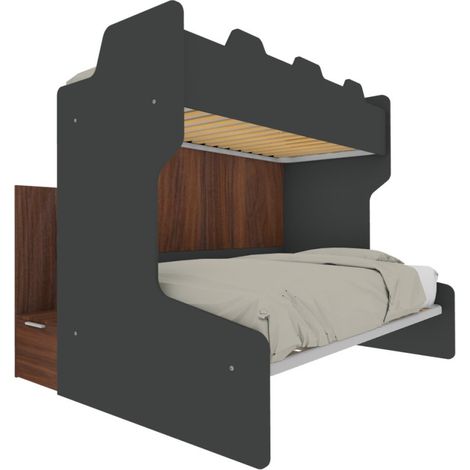 Letto a castello salvaspazio con scala contenitore - 1 Piazza e mezza + singolo - Basalto e Noce (1/5)