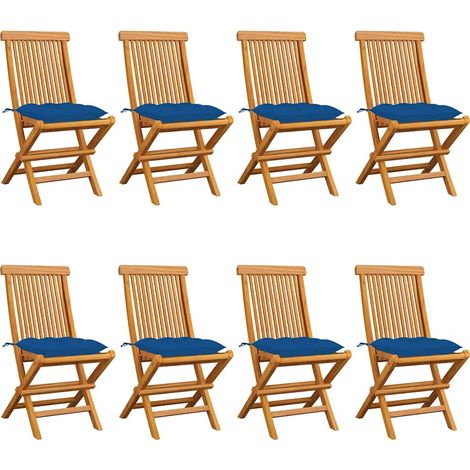 vidaXL Sillas plegables con cojines azules, 8 unidades, madera maciza de teca. (1/5)