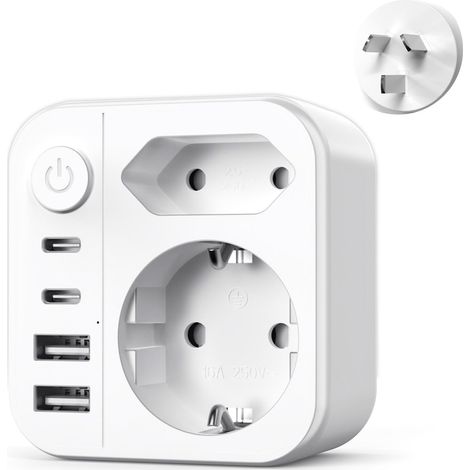 6 en 1 Adaptateur Prise Australie,2500W Adaptateur de Prise France vers Australie,Type I Adaptateur de Voyage avec 2 USB A et 2 Type C(17W) pour AUS Chine Zelande Fidji Argentine (1/5)