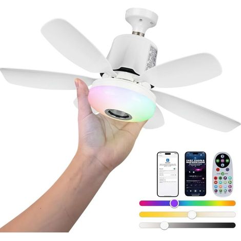 Ventilatore da soffitto Roadtime da 47 cm con luce RGB, attacco E27 da 32 W, luce regolabile a 3 velocità, 6 pale e telecomando, supporta colori RGB, lettore musicale (bianco) (1/4)