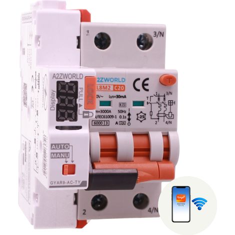 RCBO Interruttore Magnetotermico Differenziale WIFI Con Riarmo Automatico, Tipo A - SI Curva C 2P Veri 3M 6000A 30mA, AC 230V IP20 PL8M2, Disponibili 6A 10A 16A 20A 25A 32A 40A (C20A) (1/3)