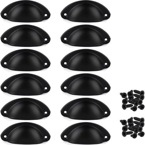 Lot de 12 Poignées de Tiroir Vintage, Poignées de Meubles Traditionnelles en Demi Lune, Poignées de Coquille pour Placard, Armoire, Commode, Noir, Vis incluses (1/5)