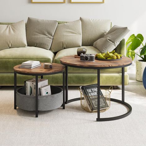 Ensemble de 2 tables basses rondes, tables d'appoint de style industriel avec structure en métal et plateau en bois, tables gigognes avec poche de rangement, gain de place pour le salon (1/4)