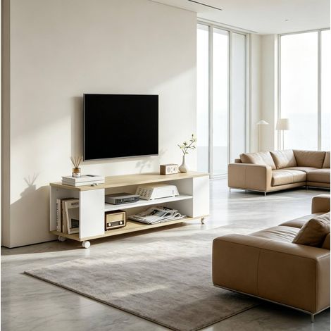 Mobile TV 120x40x38,5 cm, truciolato bianco e naturale, ruote, soggiorno – MEUBLIV (1/5)