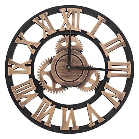 Horloge Murale silencieuse Vintage, Pendule Murale Chiffres Romains 3D Roue Dentée Style Vintage Horloge Murale Ronde en Bois Industriel Décoration pour Salon Cuisine Chambre Diamètre 30cm (1/5)
