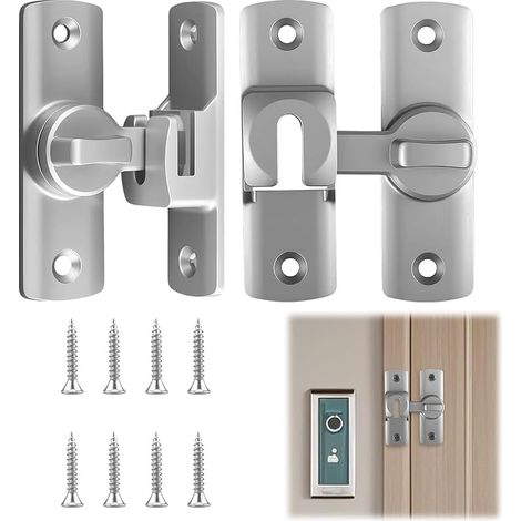 2Pcs Serrure de Verrou Porte Fermeture, 90°/180° Loquet de Porte Coulissante Aluminium avec 8 Vis, Bascule Verrouillage de Boucle Moraillon pour Portes Fenêtres Armoires Serrure Baie Vitrée (Argenté) (1/5)