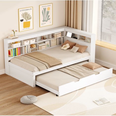 Multifunktionsbett 90 x 200 cm mit ausziehbarem Bett 90 x 190 cm, USB und Stauraum, weiß HAVRYA (1/5)