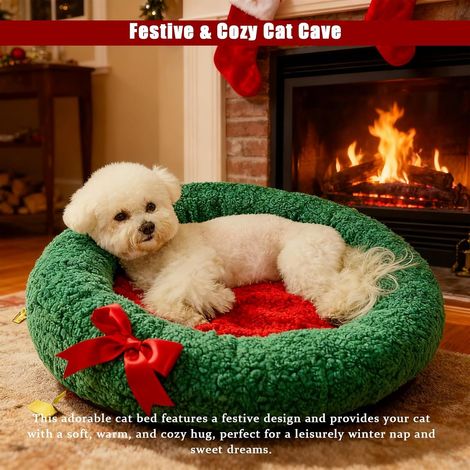 Lit grotte pour chat en forme de triangle sapin de Noël, lit chaud pour chat de Noël, amovible et lavable, pour l'hiver, pour dormir, faire la sieste, se cacher et jouer (ronde, L) (1/4)