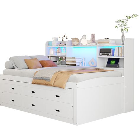 Lit gigogne 90 x 200 cm blanc avec LED, 3 tiroirs, rangement de chevet et ports USB + Type-C, design multifonctionnel – CHICFURN (1/5)