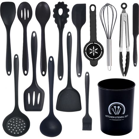 Set di utensili da cucina da 15 pezzi, set di utensili da cucina in silicone con portautensili, set di posate da cucina resistenti al calore, lavabili in lavastoviglie, rivestimento antiaderente (nero