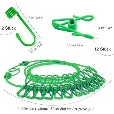 Cordes à linge de camping, 180 cm, accessoires de voyage flexibles et portables avec 12 clips à boucle coupe-vent, vert