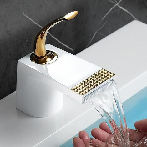 Robinet de salle de bain, robinet de salle de bain blanc doré, cascade en laiton, robinet de lavabo de toilette, robinet de montage sur pont, robinet d'eau chaude et froide (1/5)