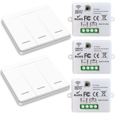 Interrupteur d'éclairage sans fil, interrupteur de sécurité de l'émetteur RF et contrôleur de récepteur 10A, installation facile pour lampe jusqu'à 1500W/ 3 récepteurs et 2 commutateurs (1/5)