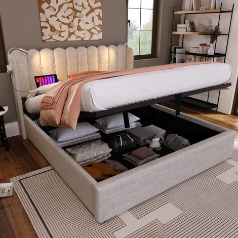Letto con contenitore in tessuto di lino naturale 140x200 cm con rete a doghe, luce da lettura e USB (1/5)