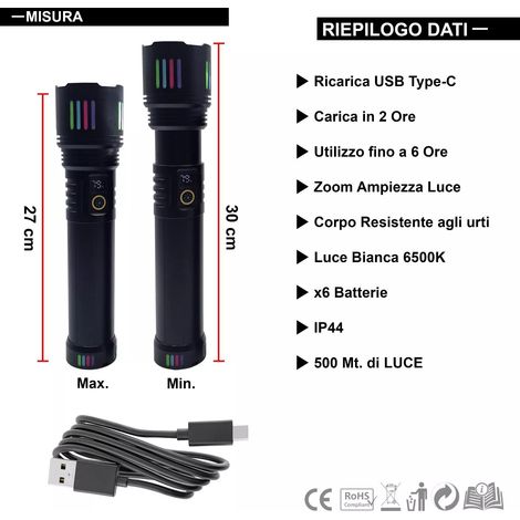 Torcia LED Ricaricabile 6 Ore USB-C, 6500K 2 grandezze grande