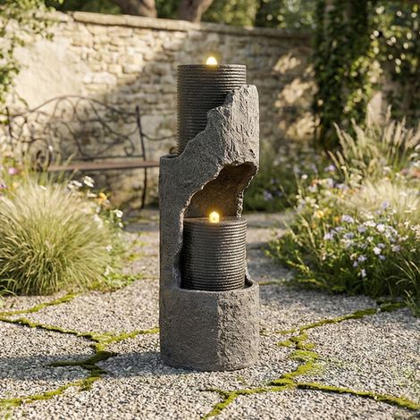 Fontaine de jardin, cascade d'eau décorative avec éclairage LED pour terrasse et balcon, résine aspect pierre naturelle de 101 cm avec pompe, gris
