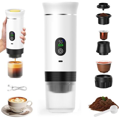 3-in-1 Tragbare Kaffeemaschine, wiederaufladbare Reisekaffeemaschine, 12-V-Espressomaschine für Kapseln und gemahlenen Kaffee, für Camping, Reisen, Büro, Auto, Zuhause, Weiß (1/5)