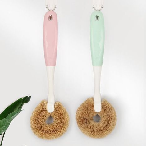 Set di 2 spazzole per la pulizia domestica, con manico per lavare piatti e pentole (verde, rosa) (1/5)