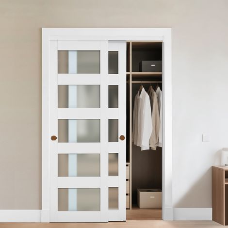 VEVOR Schiebetür 1219 mm x 2032 mm (passende Öffnungsgröße), Bypass-Schiebetüren aus Milchglas mit Hardware-Kit, Massivholz & MDF-Platte mit wasserfester PVC-Oberfläche für Schränke Weiß