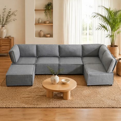 Divano modulare convertibile in letto, tessuto lino grigio chiaro, 6 posti DESVIAE (1/5)