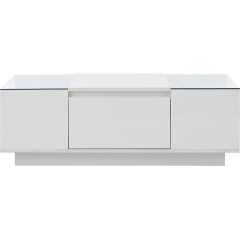 Tavolino da salotto moderno 105 cm bianco lucido con LED, piano in vetro e 2 cassetti (1/5)