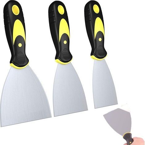 3 Pièces Set Spatule Enduit,Spatule de plâtrier lame inox,Jeu de Spatules en Acier Inoxydable Couteau à Enduire,Utilitaire Couteau à Mastic pour Cloison sèche pour papier peint et murs (1/5)