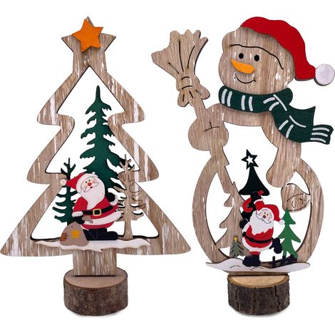 2 Weihnachtstischdekorationen, fröhliche Symbole, Weihnachtstischdekorationen, Partydekorationen in Form eines Schneemanns aus Holz, Weihnachts- und Winterfeiertage.