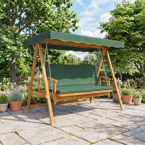 Balancelle de jardin convertible 3 places en bois vert foncé, fauteuil suspendu, hamac/baignoire d'extérieur (1/5)