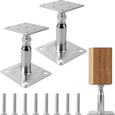 Supports de Poteau Galvanisés de 100 à 150 mm, Lot de 2 Supports de Poteau Réglables en Hauteur avec 8 Vis, Embase Pied de Poteaus Carrée Réglable pour Clôtures, Abris, Pergolas (Argent) (1/5)