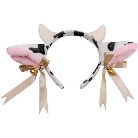Bandeau pour cheveux femme, motif oreilles de vache, orné d'un nœud papillon, d'un ruban et d'une clochette. Souple et léger, fait main. (1/5)