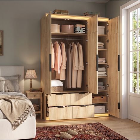 Armario 3 puertas 135x47x200 cm de MDF roble antracita con espejo LED - MEUBLIV (1/5)