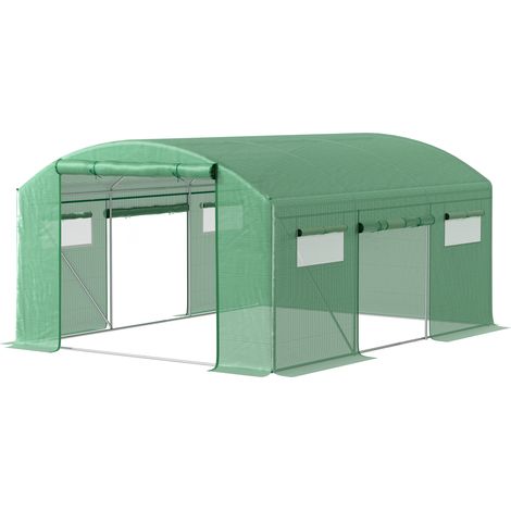 Túnel Invernadero 4x3x2m 6 Ventanas 3 Puertas Enrollables Acero Galvanizado Cubierta PE Vert
