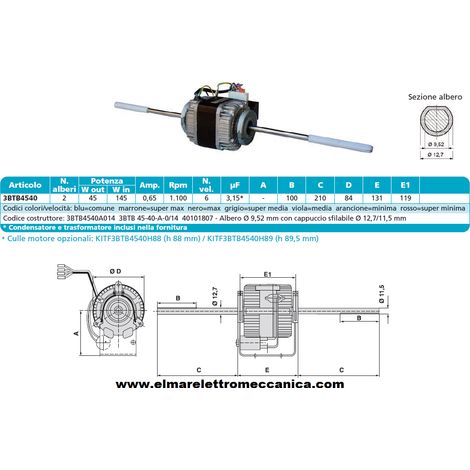 EMI 3BTB 45-40-A-0/14 Motore 145 W BIALBERO 6 Velocità aspiratore Fan Coil