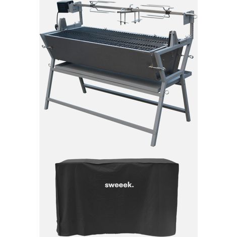 Asador de carbón motorizado inclinable de acero inoxidable con espetón y funda