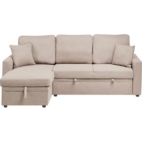 Corner Sofa Bed 3 Seater NASSJO Faux Linen Light Brown Right Hand (1/5)