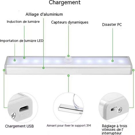 1 Lampes LED, Sans Fil, Rechargeable par USB, Aimanté, Détecteur de Mouvement, Portable. Lumière de Placard, Baladeuse de Secours, Veilleuse Enfant Lumière salon éclairage couloir. MNS (1/2)