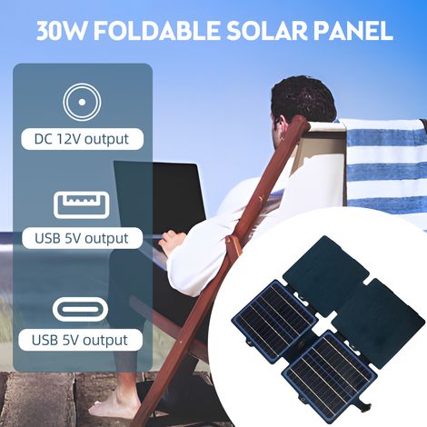 Panneau solaire portable de 30 watts IPX6 étanche ETFE monocristallin chargeur pliable avec sortie DC/USB Type-C 2 mousquetons pour téléphones portables tablettes et sac à dos camping randonnée plus (1/5)