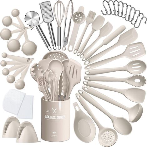 Lot de 43 ustensiles de cuisine en silicone résistants à la chaleur avec porte-ustensiles, antiadhésifs, passent au lave-vaisselle, kaki (1/5)