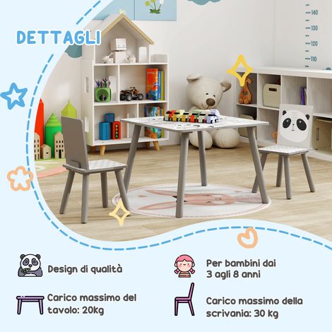 Lot de table et 2 chaises pour enfant 3-8 ans, en MDF et pin gris, meuble idéal pour jeux et coloriage (1/5)