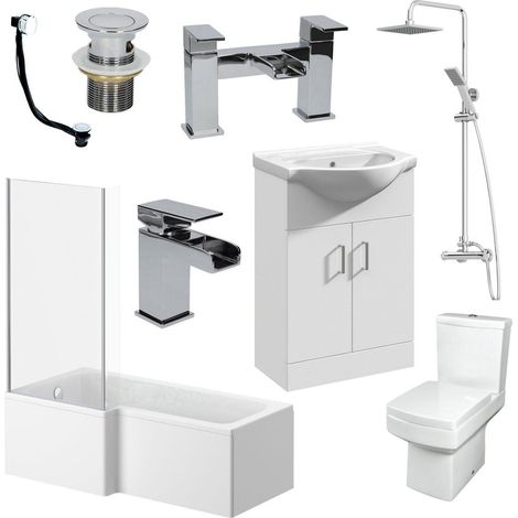 Complete Bathroom Suite L Shaped LH Bath Basin Vanity Unit Toilet