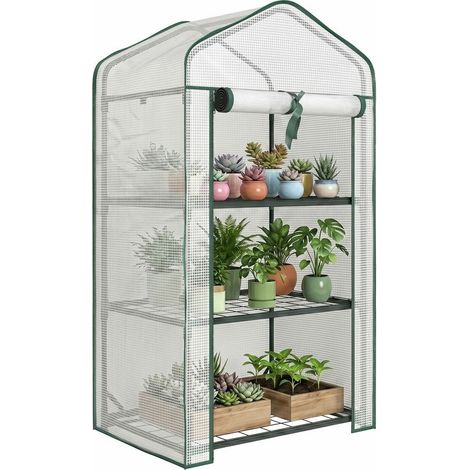 Shelf of tighten of garden, 3 levels, dimensions 59 cm (L) x 39 cm (l) x 127 cm (H), metal powder-coated green, polyethylene high density 140 g/m², white (1/5)