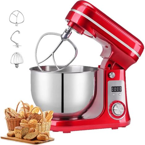 Mélangeur électrique de cuisine à tête inclinable de 1200 W avec bol en acier inoxydable de 6 L, crochet pétrisseur, batteur plat, fouet et couvercle anti-éclaboussures, mélangeur de cuisine (1/5)