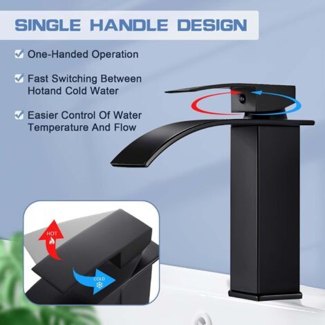 Robinet de lavabo cascade en laiton noir – Hauteur : 180 mm – Raccordement G 3/8 – Cartouche céramique pour un contrôle précis de la température – Économie d’eau de 30 % (1/3)