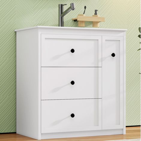 Meuble vasque sur pied 76x46x82 cm avec 4 tiroirs, vasque céramique et rangement multifonction, blanc (1/5)