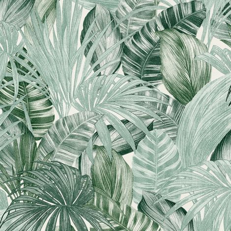 Papier peint intissé tropical – Tapisserie jungle avec palmier – Exotique vert et blanc – Dimensions 10,05 x 0,53 m – Raccord sauté 64 cm – Bricoflor