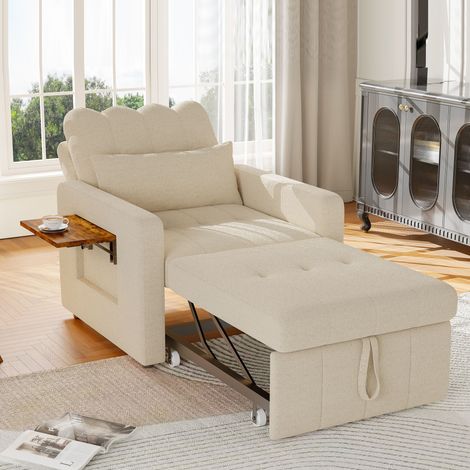 Verwandelbarer Sessel, Einzel-Relaxsessel, Rückenlehne in fünf Positionen verstellbar, kleiner Tisch, Aufbewahrungstasche, Chenille-Stoff, multifunktionales Sofa – Beige