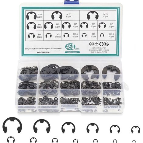 Circlips Interne E-clips, 450 pièces 13 tailles Anneau de Retenue Assortiment avec Boîte de Rangement (1/5)