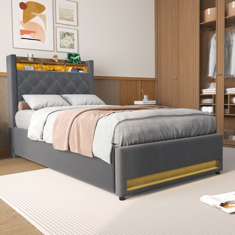 Cama con canapé abatible 90x200 cm tapizada con iluminación LED, USB y tomas, terciopelo gris OKMYHOME (1/5)