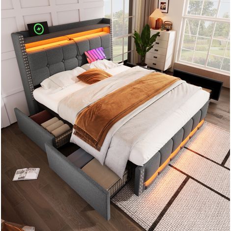 Cama 140x200 cm de tejido gris con 4 cajones y LED, para orden, sin colchón – MEUBLIV (1/5)